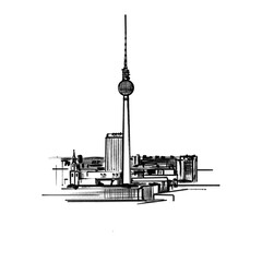Obraz premium Fernsehturm, TV tower with city surrounding, Berlin, Sightseeing, Black pencil illustration drawing, hand drawn, transparent background, PNG, no AI