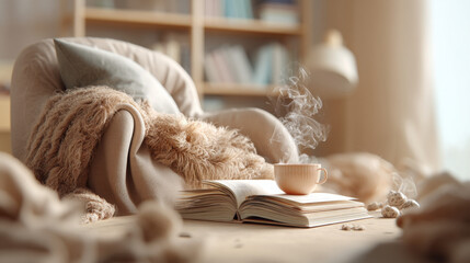 Cozy Reading Nook with Mug, Blanket, and Book on Wooden Table