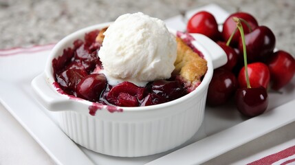 Closeup of a Delicious Cherry Cobbler with a Scoop of Vanilla Ice Cream