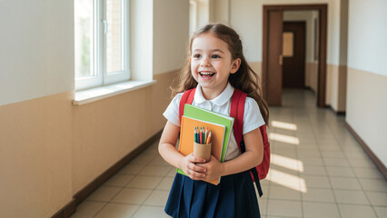 Smiling young schoolgirl with backpack holding notebooks and pencils in hallway. Happy student ready for class in bright school corridor.