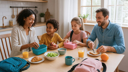 Happy family with two school children packing lunch at kitchen table. Parents and kids prepare food and backpacks for school morning.