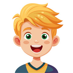 Obraz premium excited blond boy, happy child, smiling boy, joyful boy, cheerful boy, light skin boy, blond hair child, boy portrait, European boy, cartoon boy, boy face, child character, white background, flat desi
