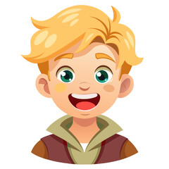 Obraz premium excited blond boy, happy child, smiling boy, joyful boy, cheerful boy, light skin boy, blond hair child, boy portrait, European boy, cartoon boy, boy face, child character, white background, flat desi