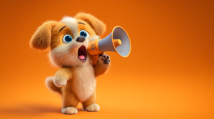 A puppy excitedly speaks into a large megaphone