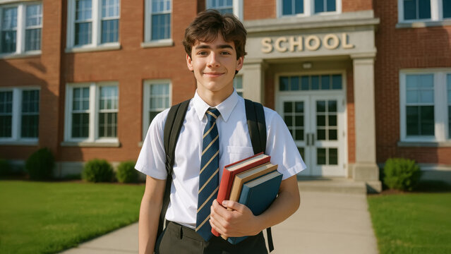 Smiling teenage schoolboy with backpack holding books outside school building. Male student in uniform ready for class on sunny day. - Powered by Adobe