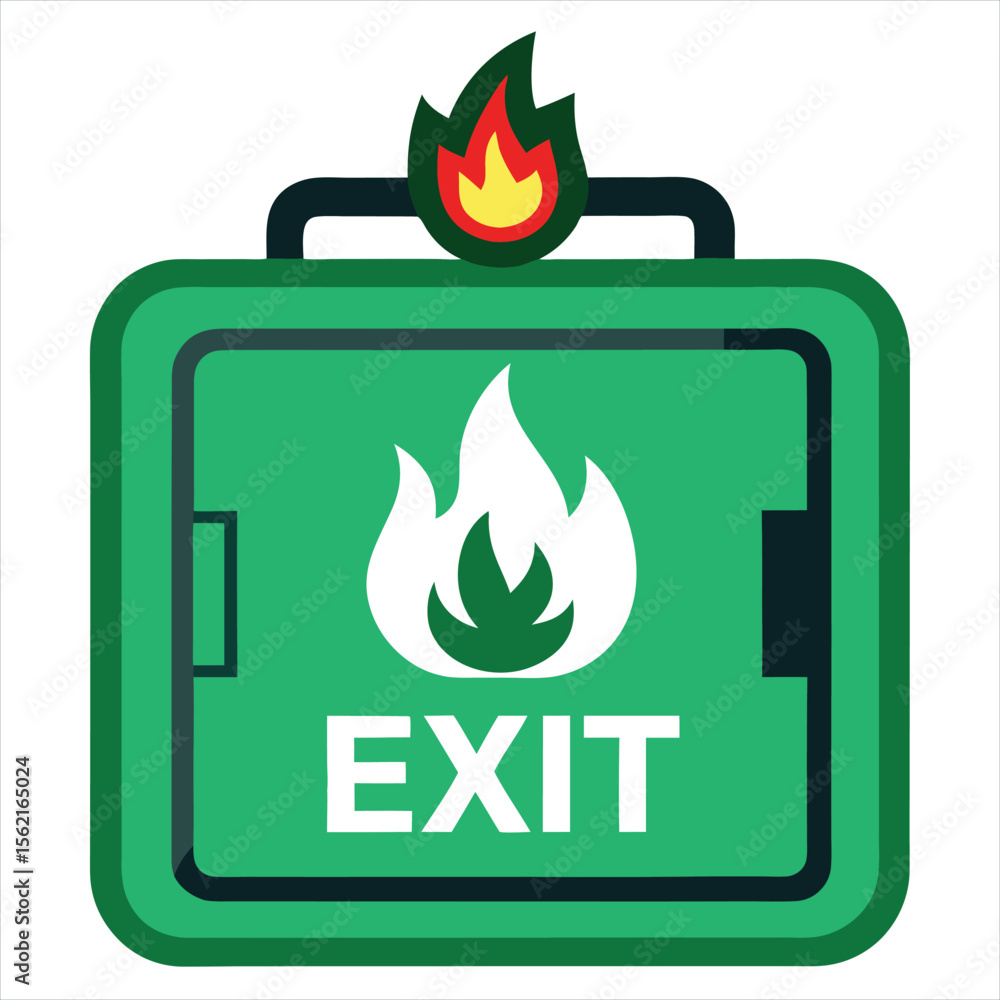 Poster green exit sign with a flame symbol and the word exit representing emergency escape routes during a 