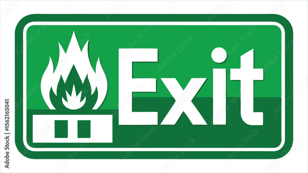 Poster a green rectangular sign with white text and symbols indicating an emergency exit with a flame symbo