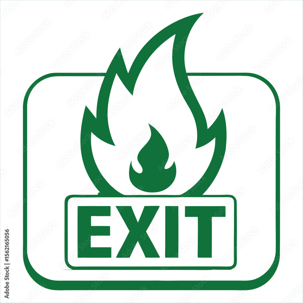 Poster green exit sign with a flame symbol above the word exit indicating an emergency exit route in case o