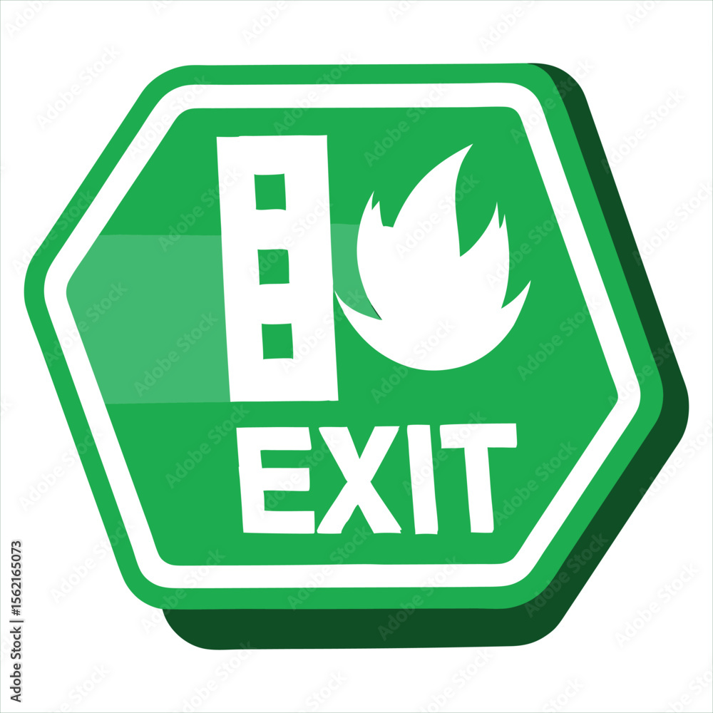 Aufkleber green hexagonal exit sign with white pictogram of a building and flames indicating an emergency exit