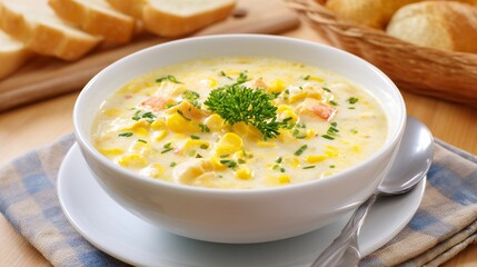 Creamy Corn Chowder in White Bowl with Parsley Garnish