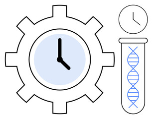 Clock inside a gear beside DNA in a test tube and a standalone clock. Ideal for biotechnology, time management, science, innovation, medicine, research, efficiency. Simple flat metaphor