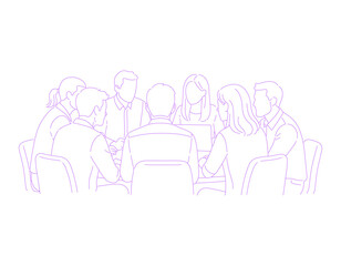 group of coworkers having a roundtable meeting lineart illustration