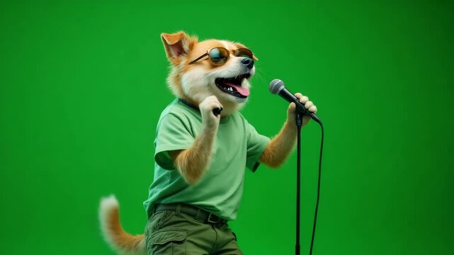 Anthro dog singing into a microphone, wearing shades and green outfit