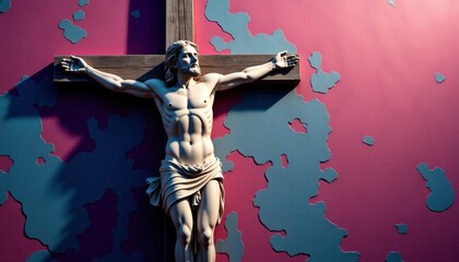 Stylized Religious Statue Depicting Crucifixion on Colorful Background