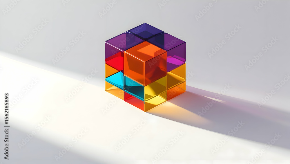 Poster vibrant translucent cubes assembled into a larger geometric shape casting a dramatic shadow on a whi