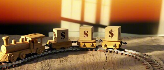 2:35:1 A wooden toy train carrying blocks with $ signs carved on each side