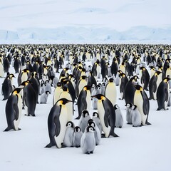 Group of penguins standing in a row on icy blue background in Antarctica winter wildlife scene
