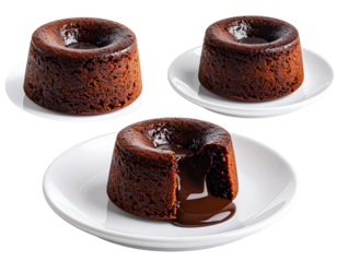  Set Stylized 3D Render of Chocolate Lava Cake with Glossy Flowing Center on Minimal Plate, Isolated PNG