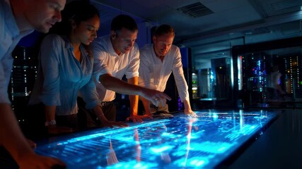 Business team working late at night analyzing financial data on a futuristic interactive touchscreen table in a high tech control room with server racks in the background - Powered by Adobe