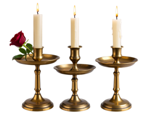  Set Vintage Hovering Candle with Flame in Brass Holder, Romantic Dinner Setting, Isolated PNG