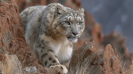 Obraz premium Majestic Snow Leopard Descending a Rocky Slope in High Altitude Mountains