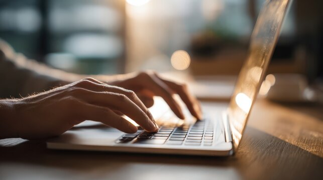 The hands typing on a laptop in a cozy workspace setting.