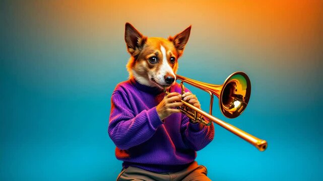 Anthropomorphic corgi plays golden trombone