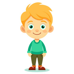 Obraz premium smiling boy, happy blond boy, light skin boy, cheerful child, full body boy, full-length boy, standing boy, European child, blond hair boy, cartoon boy, child character, white background, flat design,