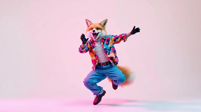 Anthropomorphic fox in vibrant shirt jumps joyfully on pink
