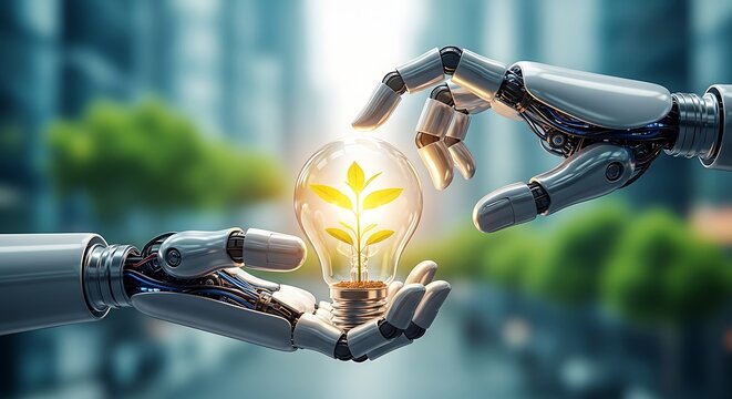 Robot hands holding light bulb with plant inside innovation technology and sustainable energy concept