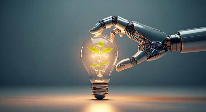 Ai robot hand holding light bulb with plant inside innovation technology future green energy concept