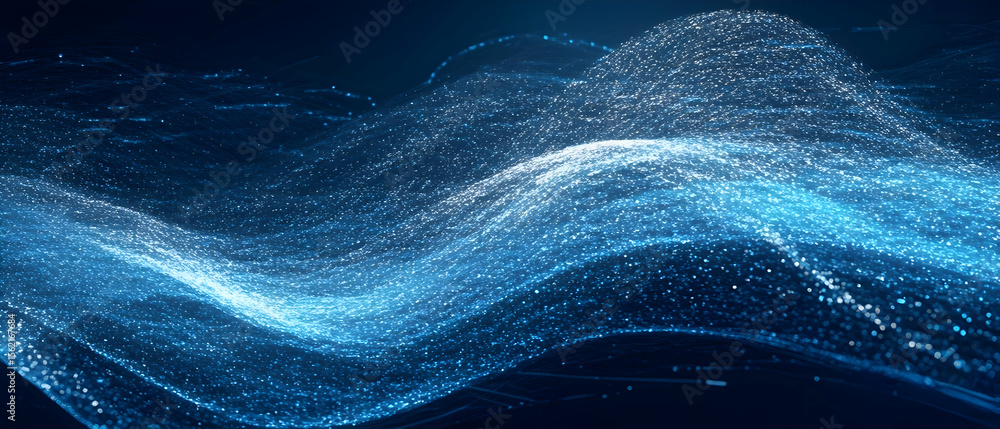 Poster abstract digital waves composed of numerous glowing particles flowing across a dark background