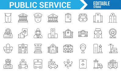 Simple icons illustrating public service sectors like police, ambulance, and government buildings.