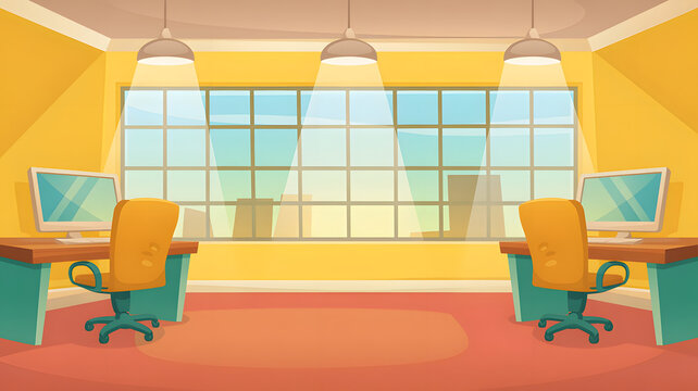 Bright cartoon office setup with desk, computer and chair near the large window, illuminating workspace and adding a vibrant, cheerful ambiance.