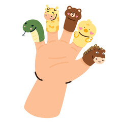 A child's hand puts a doll on its finger. vector art and illustration.