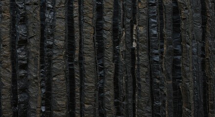 Closeup of dark vertical rock columns with varying widths and textures showcasing rugged uneven surfaces