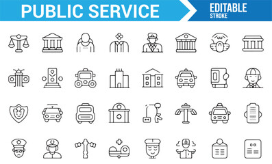 Set of icons for public service and government-related designs, including legal and civic services.