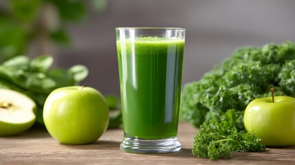 Fototapeta premium Glass of Green Smoothie with Apples and Leafy Greens