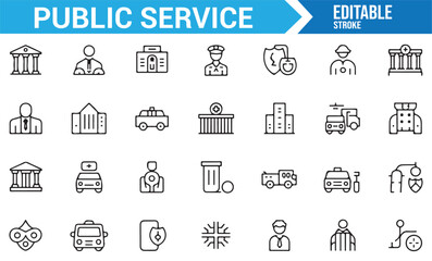Line art icons depicting public service concepts like law, education, transportation, and healthcare.