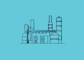 Black vector line art illustration of factory with pipes; chimneys and industrial objects; buildings on light blue background.