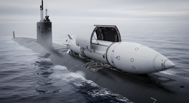 Ohio-Class Submarine at Sea with Open Missile Hatch and Trident II D5 SLBM