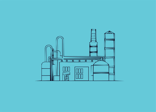 Black vector line art illustration of factory with pipes; chimneys and industrial objects; buildings on light blue background.