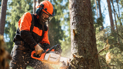 man cutting tree with chainsaw wearing protective orange and black clothing in forest environment with sunlight and wood chips flying