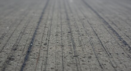 Textured gray concrete surface features long dark parallel groovelike marks