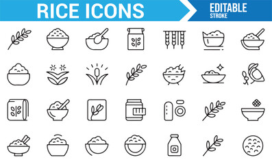 Set of icons representing rice preparation, farming, and cooking with minimalist symbols.