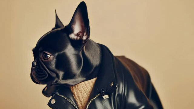 French Bulldog Wearing Black Leather Jacket Looking Around in Studio Setting