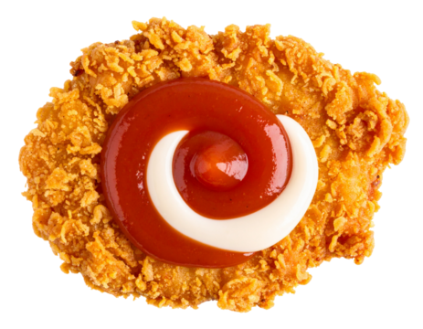  Single Chicken Tender Being Dipped in Swirl of Ketchup and Mayo, Isolated PNG