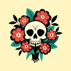 Tattoo style bouquet with detailed skulls and blooming flowers, vintage gothic composition for edgy art, print, and design.