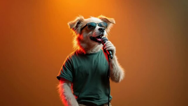 Canine crooner! Anthropomorphic dog in sunglasses sings into a microphone, wearing a t-shirt against an orange background