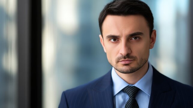 Professional man in dark blue pinstriped suit and light blue shirt with polka dot tie, serious expression, blurred blue and white indoor background, soft lighting.